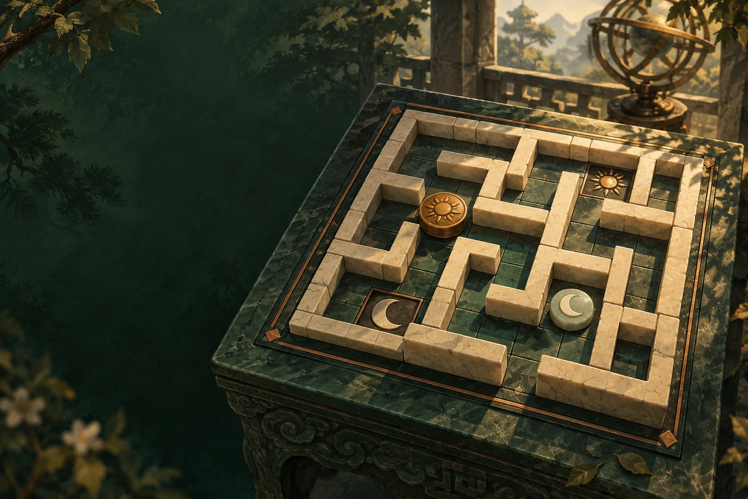 Brass Sun and jade Moon pieces resting on a carved garden-observatory maze